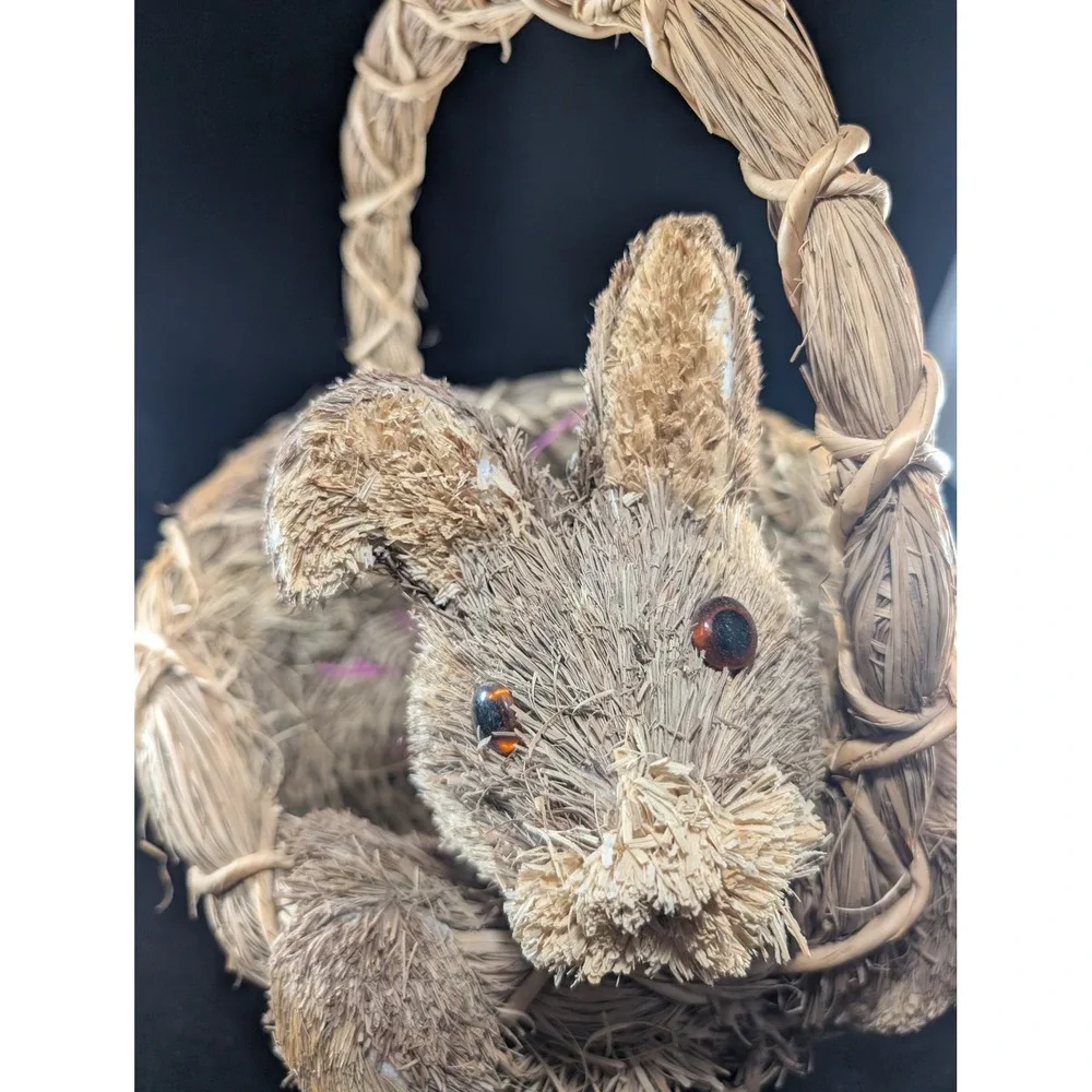 Natural Woven Straw Easter Basket‎ with Sisal Bunny Rabbit Rustic Holiday Decor
